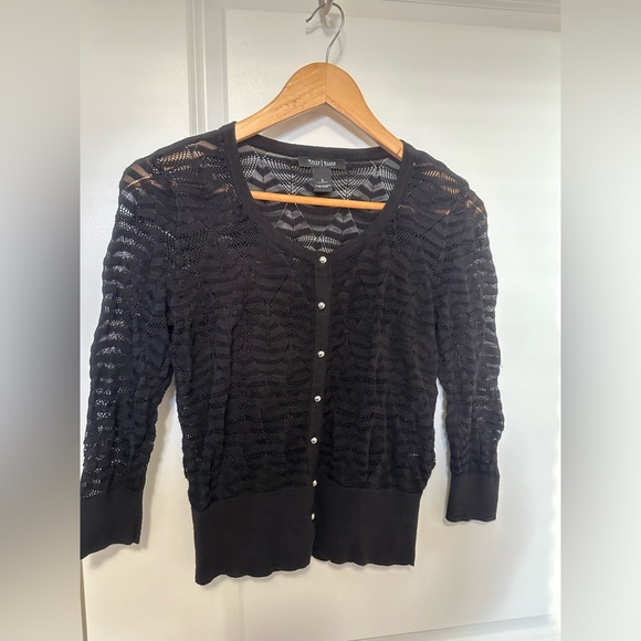 White House Black Market small black sheer cardigan. Silver buttons - Picture 1 of 5